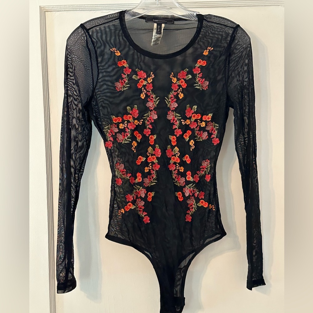 Sheer Black Embroidered BCBGMaxazria Bodysuit